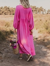 cheap Design Cotton &amp; Linen Dresses-Women&#039;s Pink Orange Rose Red Summer Spring Maxi Dress Linen-Inspired Dresses Casual Dress Basic Modern Daily Weekend Loose Fit Plain V Neck