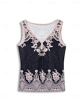 economico Top e canotte da donna-Top in camicia senza maniche per donne stile bohemien paisley scollo a V casual aderente a coste nero crema abbigliamento per l&#039;estate