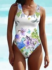 billiga One-piece-baddräkter-Kvinnors badkläder En-delad Monokini Badkläder baddräkt Öppen rygg Tryckt Hög midja Sportmode Blommig Scoop Neck Ärmlös Badkläder