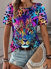 cheap Animals tee-Women&#039;s T Shirt Leopard Fashion Short Sleeve Crew Neck Regular Tops Daily Weekend Print Blue Purple Fuchsia Green Gray Summer