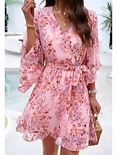 abordables Robes fleuries décontractées-robe décontractée pour femme robe fourreau robe d&#039;été rose imprimé 3D cravate devant imprimé col en V manches papillon mini robe bohème mignon rendez-vous vacances demi manches été printemps