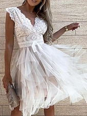 ieftine Rochii Party-Pentru femei Rochie de mireasa din dantela alba Rochii Boho Chic Rochie Boho pentru invitați de nuntă Rochie Mini Multistratificat cu Maneca Nuntă Dată Vacanță Linie A În V Fără manșon Negru Alb Roz