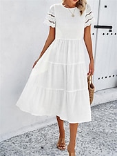 baratos Vestidos de renda branca-Mulheres Vestido branco Vestido midi Com Transparência Patchwork Encontro Férias Roupa de rua Básico Gola Redonda Manga Curta Preto Branco Marron Cor