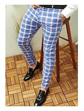 お買い得  チノパン-男性用 ズボン チノパン チノパンツ チェックドレスパンツ プリント 格子 全長 カジュアル 日常 カジュアル ズボン ホワイト&amp;ブルー パープル マイクロエラスティック