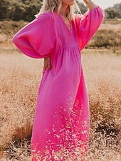 cheap Design Cotton &amp; Linen Dresses-Women&#039;s Pink Orange Rose Red Summer Spring Maxi Dress Linen-Inspired Dresses Casual Dress Basic Modern Daily Weekend Loose Fit Plain V Neck
