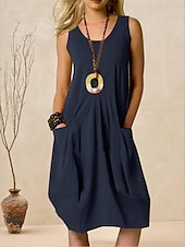 cheap Design Cotton &amp; Linen Dresses-Women&#039;s ArmyGreen Navy Blue Orange Summer Spring Midi Dress Cotton Linen Dresses Casual Dress Cotton Summer Dress Basic Classic Casual Outdoor Daily Regular Fit Pure Color U Neck