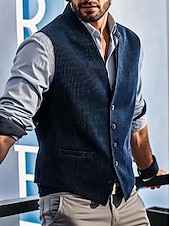 preiswerte Men&#039;s Vest-Herren Weste Hochzeit Geschäft Täglich Geschäftlich Brautkleider schlicht Frühling Herbst Tasche Polyester Atmungsaktiv Glatt Einreihiger Verschluss V Ausschnitt Regular Fit Marinenblau Weste