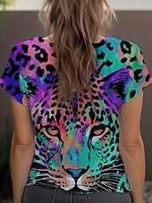 cheap Animals tee-Women&#039;s T Shirt Leopard Fashion Short Sleeve Crew Neck Regular Tops Daily Weekend Print Blue Purple Fuchsia Green Gray Summer