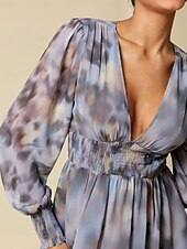 abordables Robes décontractées-femme robe longue invité de mariage bleu manches longues fleurs / plantes mousseline impression printemps &amp;amp;  Robe à motif col en V d&#039;automne, robe volante, robes corset s m l
