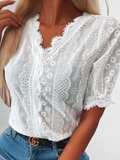 billige Blonder topper-Dame Skjorte Bluse Hvit عادي Blonde Kortermet Daglig Helg Gatemote Fritid V-hals Normal S