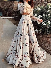 billiga Set med klänningar-Dam Klänning Set Vardagsklänning Boho Chic klänningar Långärmad Boho klänning Semester bohemliv Mode Volang Mönster Långklänning Maxiklänning Över axeln Långärmad Fjäril Lös passning Sommar Vår