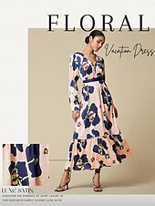 economico Abiti floreali-Maxi abito floreale per invitati a un matrimonio in raso con scollo a V e chiusura con zip