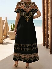 abordables Robes Boho-Robe Maxi Femme Robe Décontractée Robe T-shirt Robe Tee Robe d&#039;été Bohémienne Rendez-vous Coupe Régulière Géométrique Manches Courtes Col Rond Noir Gris Foncé Été