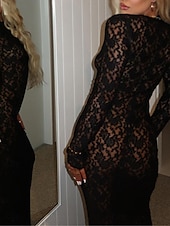 ieftine Bodycon Club Dresses-Pentru femei Rochie albă Rochie Lunga Rochie Maxi Dantelă Peteci Dată Vacanță Șic Stradă Maxi Rotund Manșon Lung Negru Alb Culoare