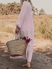cheap Design Cotton &amp; Linen Dresses-Women&#039;s Pink Orange Rose Red Summer Spring Maxi Dress Linen-Inspired Dresses Casual Dress Basic Modern Daily Weekend Loose Fit Plain V Neck