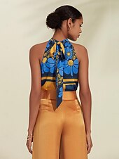 baratos camisas, tops e blusas-Mulheres Geométrico Flor / Plantas Férias Final de semana Sem Mangas Azul Franzido Amarre nas costas / na frente Sem Manga Blusas Amarrado No Pescoço Verão