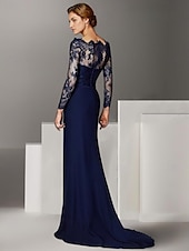economico Lunghezza del pavimento-Abito da madre della sposa sirena elegante invitato a matrimonio con spalle scoperte lungo fino a terra pizzo chiffon elastico maniche lunghe con arricciature in pizzo taglia personalizzata gratuita