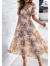 economico Abiti eleganti floreali-abito tubino da donna abito in chiffon prendisole floreale grafico elastico in vita stampa scollo a V spalle scoperte abito lungo abito lungo elegante tropicale festa appuntamento manica corta estate
