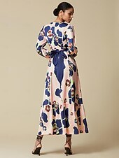 economico Abiti floreali-Maxi abito floreale per invitati a un matrimonio in raso con scollo a V e chiusura con zip