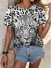 cheap Animals tee-Women&#039;s T Shirt Leopard Fashion Short Sleeve Crew Neck Regular Tops Daily Weekend Print Blue Purple Fuchsia Green Gray Summer