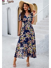 economico Abiti eleganti floreali-abito tubino da donna abito in chiffon prendisole floreale grafico elastico in vita stampa scollo a V spalle scoperte abito lungo abito lungo elegante tropicale festa appuntamento manica corta estate