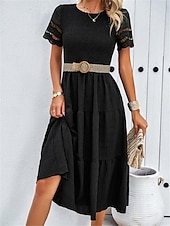 baratos Vestidos de renda branca-Mulheres Vestido branco Vestido midi Com Transparência Patchwork Encontro Férias Roupa de rua Básico Gola Redonda Manga Curta Preto Branco Marron Cor