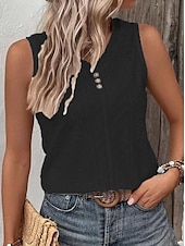 economico Top e canotte da donna-Top in canotta da donna senza maniche in pizzo occhiello scollatura a V estate casual bianco con dettagli a bottoni tessuto morbido abbigliamento quotidiano versatile taglie disponibili