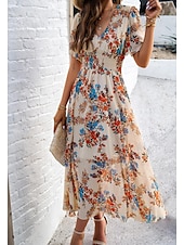 economico Abiti eleganti floreali-abito tubino da donna abito in chiffon prendisole floreale grafico elastico in vita stampa scollo a V spalle scoperte abito lungo abito lungo elegante tropicale festa appuntamento manica corta estate