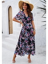 economico Abiti eleganti floreali-abito tubino da donna abito in chiffon prendisole floreale grafico elastico in vita stampa scollo a V spalle scoperte abito lungo abito lungo elegante tropicale festa appuntamento manica corta estate