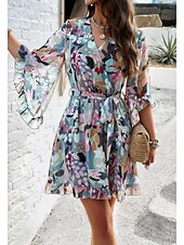 abordables Robes fleuries décontractées-robe décontractée pour femme robe fourreau robe d&#039;été rose imprimé 3D cravate devant imprimé col en V manches papillon mini robe bohème mignon rendez-vous vacances demi manches été printemps