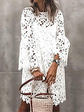 ieftine Rochii Albe din Dantela-Pentru femei Rochie Mini Rochie albă Rochie de mireasa din dantela alba Rochie Boho Modă În aer liber Fit regulat Simplu Lungime Manșon 3/4 Stil Nautic Negru Alb Vară