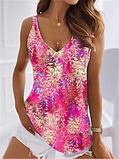 billiga Grafisk butik Tank tops &amp; Camis-Damers linnen topp linnen väst mode blommigt tryck ärmlös vanlig topp V-hals avslappnad rosa sommar