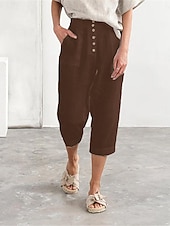 cheap Plain Cotton Linen Pant-Women&#039;s Cotton Linen Pants Fashion Basic Comfort Pure Color Pocket Elastic Waist Breathable Micro-elastic Street Daily Black White Navy Blue Brown Summer