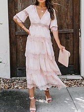 cheap White Lace Dresses-Women&#039;s White Dress Long Dress Maxi Dress Lace with Sleeve Wedding Date Vacation Elegant Bohemia V Neck Half Sleeve Black Pink Color