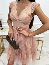 ieftine Rochii Party-Pentru femei Rochie de mireasa din dantela alba Rochii Boho Chic Rochie Boho pentru invitați de nuntă Rochie Mini Multistratificat cu Maneca Nuntă Dată Vacanță Linie A În V Fără manșon Negru Alb Roz