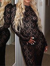 ieftine Bodycon Club Dresses-Pentru femei Rochie albă Rochie Lunga Rochie Maxi Dantelă Peteci Dată Vacanță Șic Stradă Maxi Rotund Manșon Lung Negru Alb Culoare