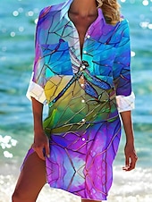 economico Gli animali si vestono-Womens Mini Dress Camicia Vestito Camicie Hawaiane Fluttuante Moda Bottoni Stampa Maniche Lunghe Colletto Camicia Lunghe Casual Vacanza Spiaggia Bianco Blu Viola Estate Vestiti da Spiaggia