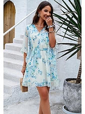 abordables Robes fleuries décontractées-robe décontractée pour femme robe fourreau robe d&#039;été rose imprimé 3D cravate devant imprimé col en V manches papillon mini robe bohème mignon rendez-vous vacances demi manches été printemps