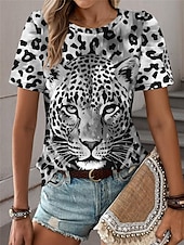 cheap Animals tee-Women&#039;s T Shirt Leopard Fashion Short Sleeve Crew Neck Regular Tops Daily Weekend Print Blue Purple Fuchsia Green Gray Summer