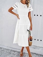 baratos Vestidos de renda branca-Mulheres Vestido branco Vestido midi Com Transparência Patchwork Encontro Férias Roupa de rua Básico Gola Redonda Manga Curta Preto Branco Marron Cor