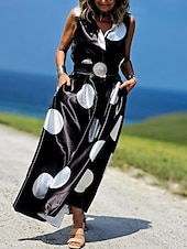 ieftine Rochii Business-Pentru femei Rochie Maxi lungă Rochii Tip Cămașă Rochie din satin Epocă Vacanță Fit regulat Buline Fără manșon Guler Cămașă Negru Alb Trifoi Vară Primăvară