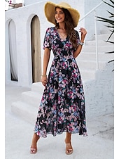 economico Abiti eleganti floreali-abito tubino da donna abito in chiffon prendisole floreale grafico elastico in vita stampa scollo a V spalle scoperte abito lungo abito lungo elegante tropicale festa appuntamento manica corta estate