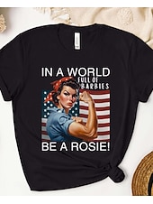 baratos Dia da Independência Top-Dia da Independência Camiseta Patriótica Feminina 100% Algodão T Shirt Letra Bandeira Nacional Vintage Manga Curta Gola Redonda Tops Diários Final de Semana Preto Bege Camisa Rosie the Riveter Em Um