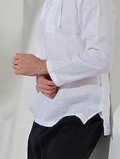 voordelige luxe linnen overhemden-100% linnen Voor heren linnen overhemd Overhemd Strand hemd Zwart Wit Donker Marine Lange mouw Effen Capuchon Lente &amp; Herfst Buiten Dagelijks Kleding