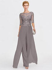 abordables Combinaisons pour maman-Ensemble jumpsuit  pantalon en deux pièces de mariage à la plage mère de la mariée invitée de mariage formelle élégante wrap inclus col bateau longueur sol chiffon manches 3/4 avec appliques 2025