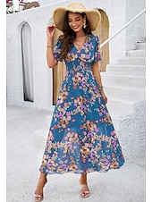 economico Abiti eleganti floreali-abito tubino da donna abito in chiffon prendisole floreale grafico elastico in vita stampa scollo a V spalle scoperte abito lungo abito lungo elegante tropicale festa appuntamento manica corta estate