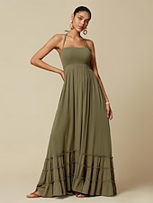 cheap Vacation Dresses-Women&#039;s Resort Maxi Dress Smocked Waist Blue Elegant Halter Neck Cami Maxi Dress Beach Cover Up