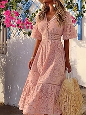 levne Bílé krajkové šaty-Dámské Midi šaty Bílé šaty Volnočasové šaty Bílé krajkové svatební šaty Boho šaty Elegantní Šik ven A Dovolená ulice Rande Štíhlý Poloviční rukáv Do V Bílá Světlá růžová Světle modrá Léto