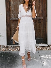 cheap White Lace Dresses-Women&#039;s White Dress Long Dress Maxi Dress Lace with Sleeve Wedding Date Vacation Elegant Bohemia V Neck Half Sleeve Black Pink Color
