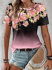 billige Blomster t-skjorte-kvinners t-skjorte mote blomsterprint kortermet vanlige topper rund hals daglig helg rosa blå himmelblå lilla sommer